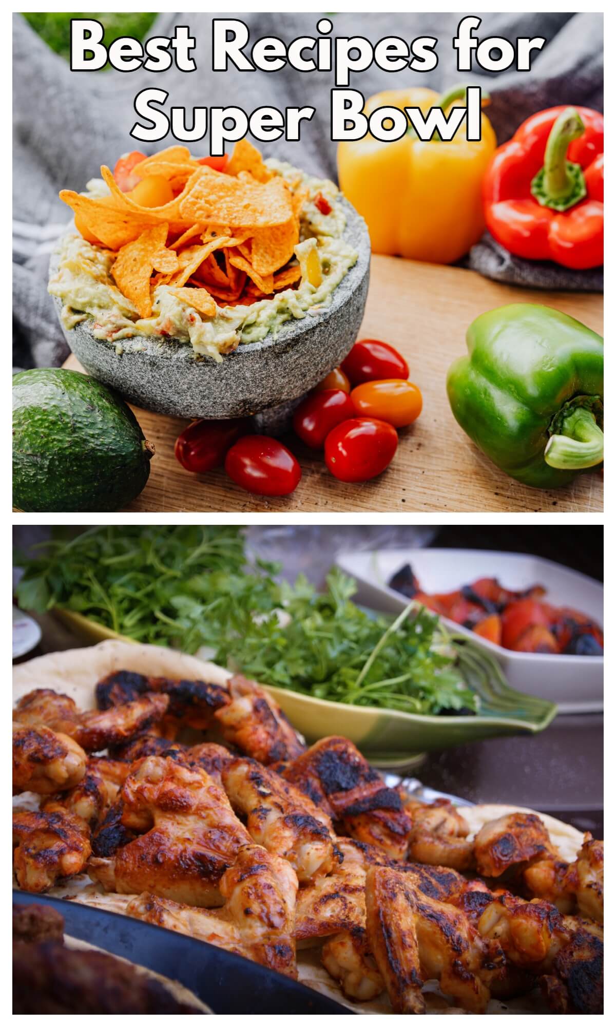 most popular super bowl party recipes i.e., tortilla chips and guacamole in a bowl and chicken wings. Served with a side of fresh veggies and herbs.