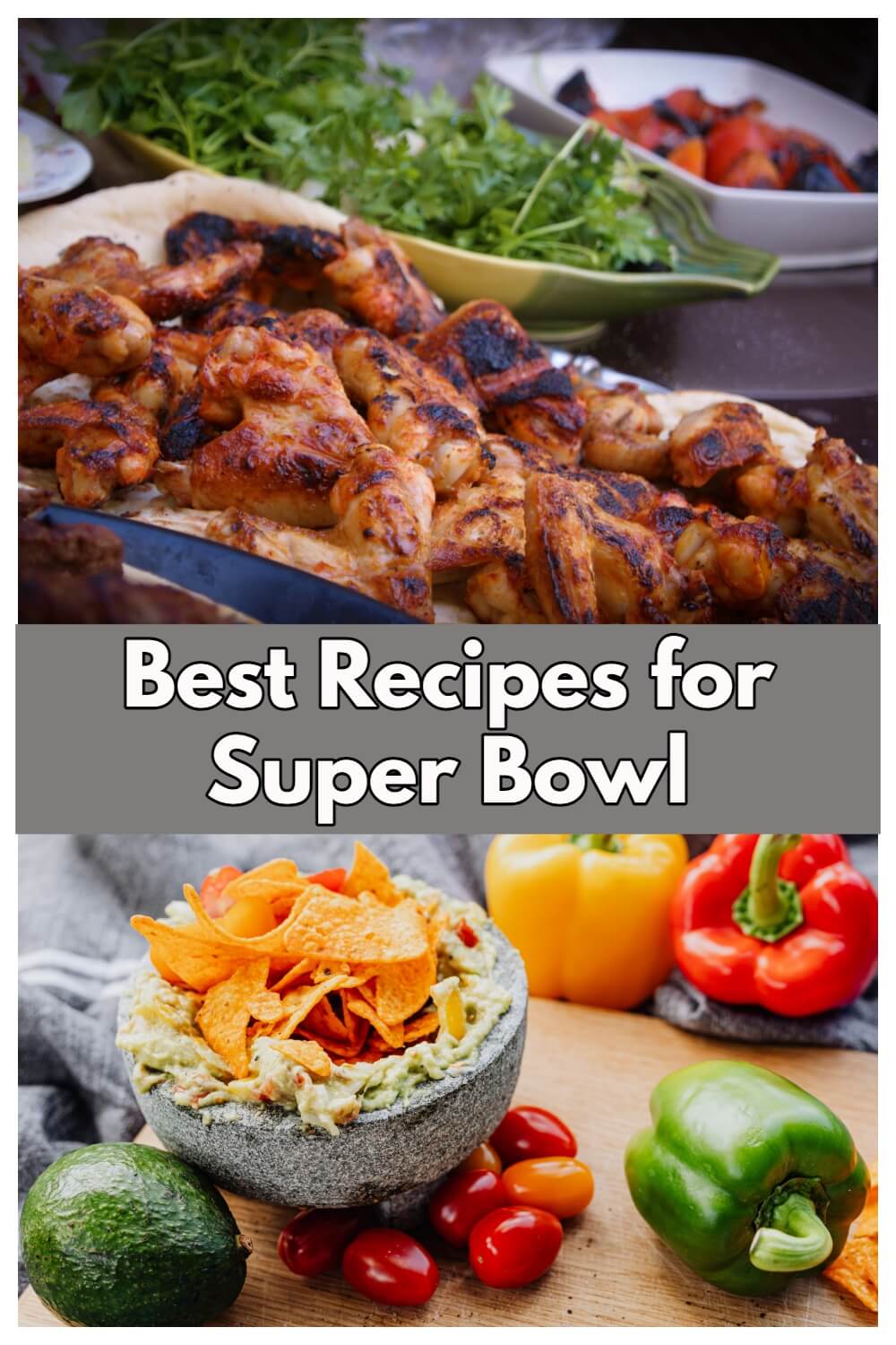 super bowl party spread consisting of chicken wings , tortilla chips and guacamole in a bowl, along with fresh veggies and herbs