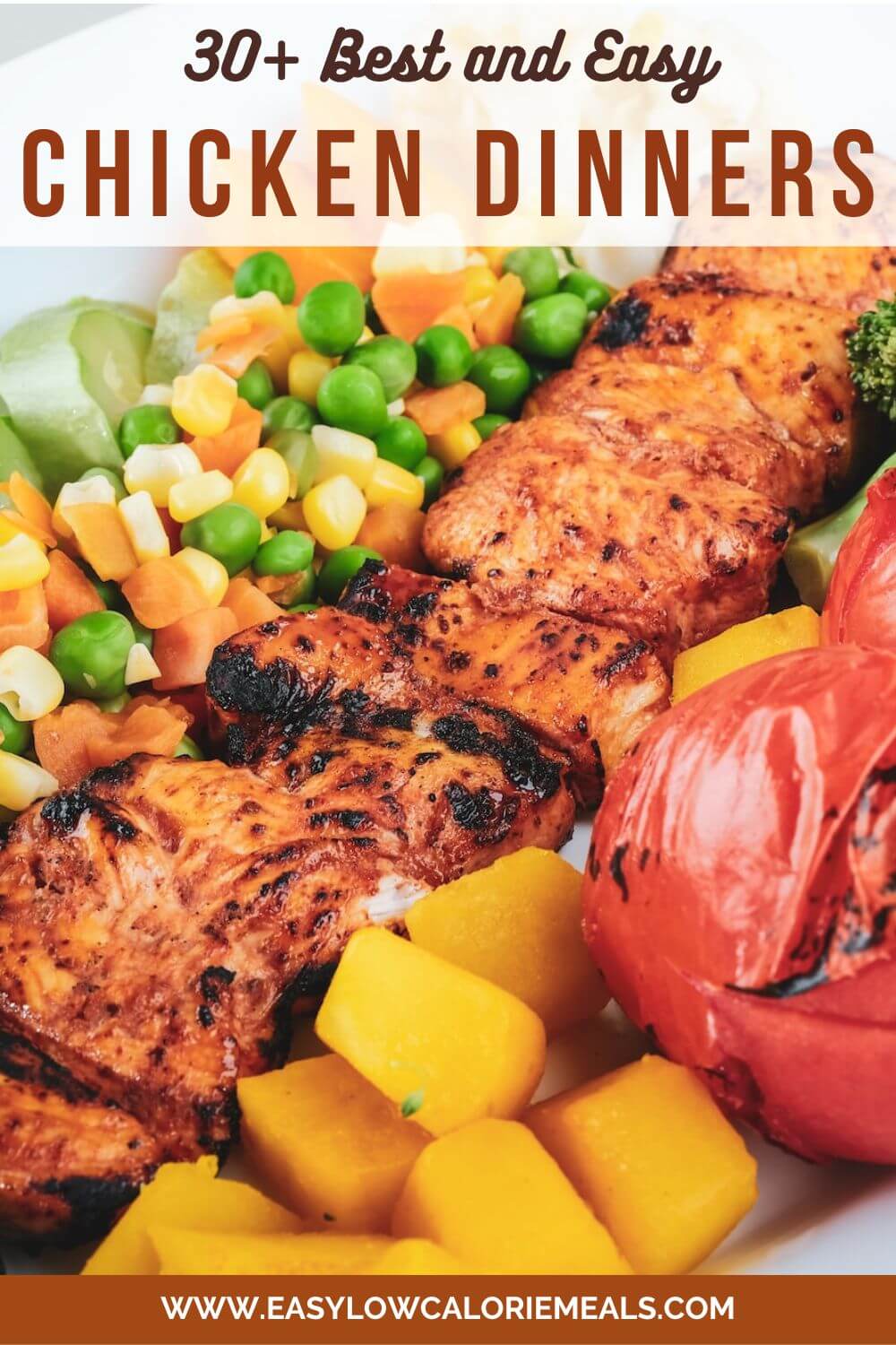 Tandoori Chicken kebab served with roasted veggies in a white ceramic plate - a perfect chicken dinner recipe.