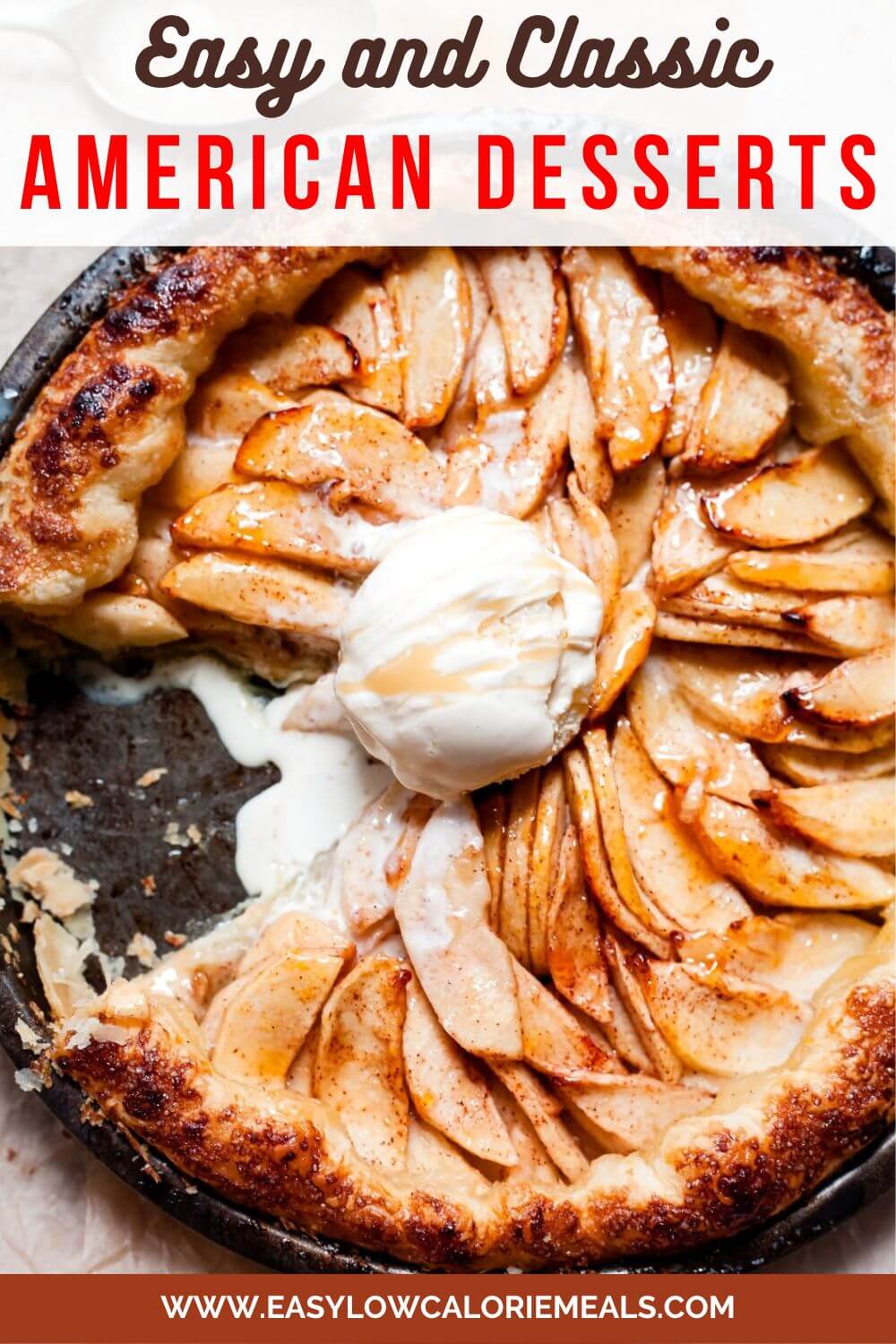 Classic American Apple Pie Served Directly in Cast Iron Skillet along with a scoop of ice cream.