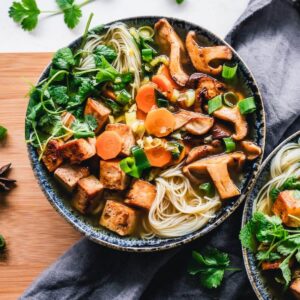 Mushroom noodle soup salad along with tofu and vegetables served in black bowls. Photo by Ella Olsson: https://www.pexels.com/photo/vegetable-salad-3026808/
