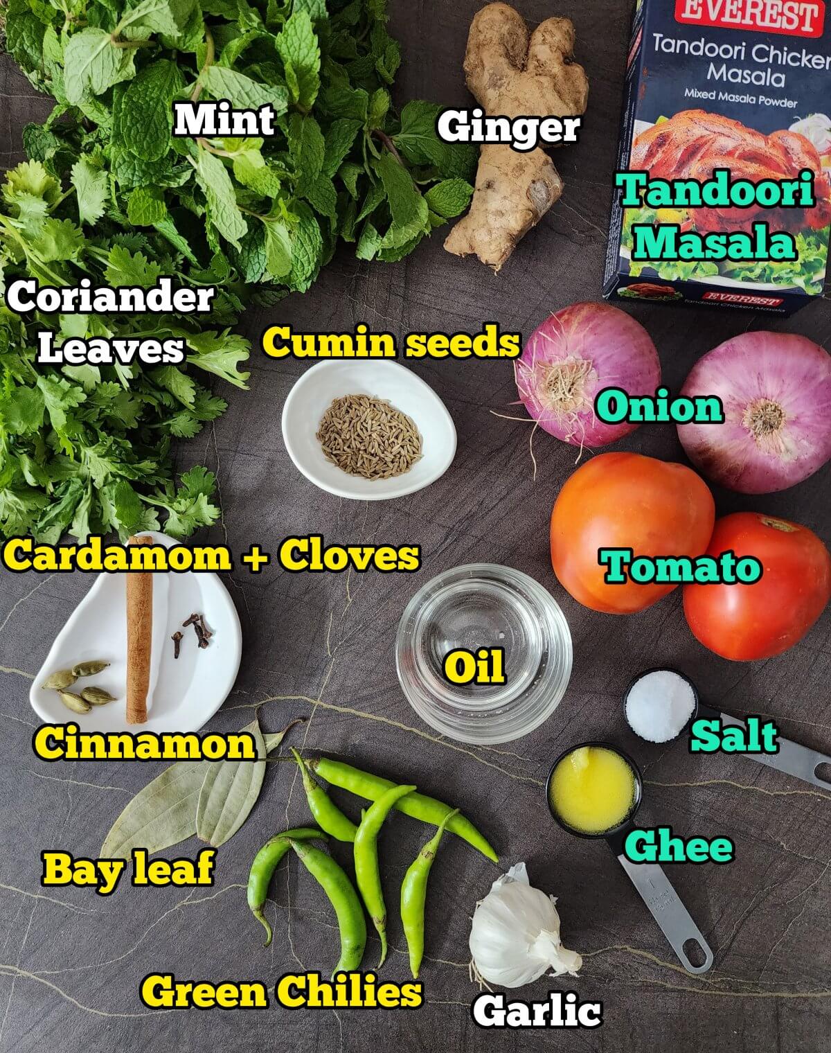 Ingredients for making biryani.