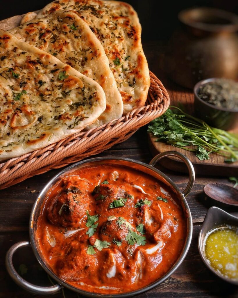 Quick and Simple Homemade Butter Chicken served in a kadai along with flatbread. Pic Credit to Saveurs Secretes