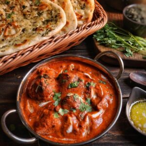 Delicious Butter Chicken served in a kadai along with flatbread. Pic Credit to Saveurs Secretes